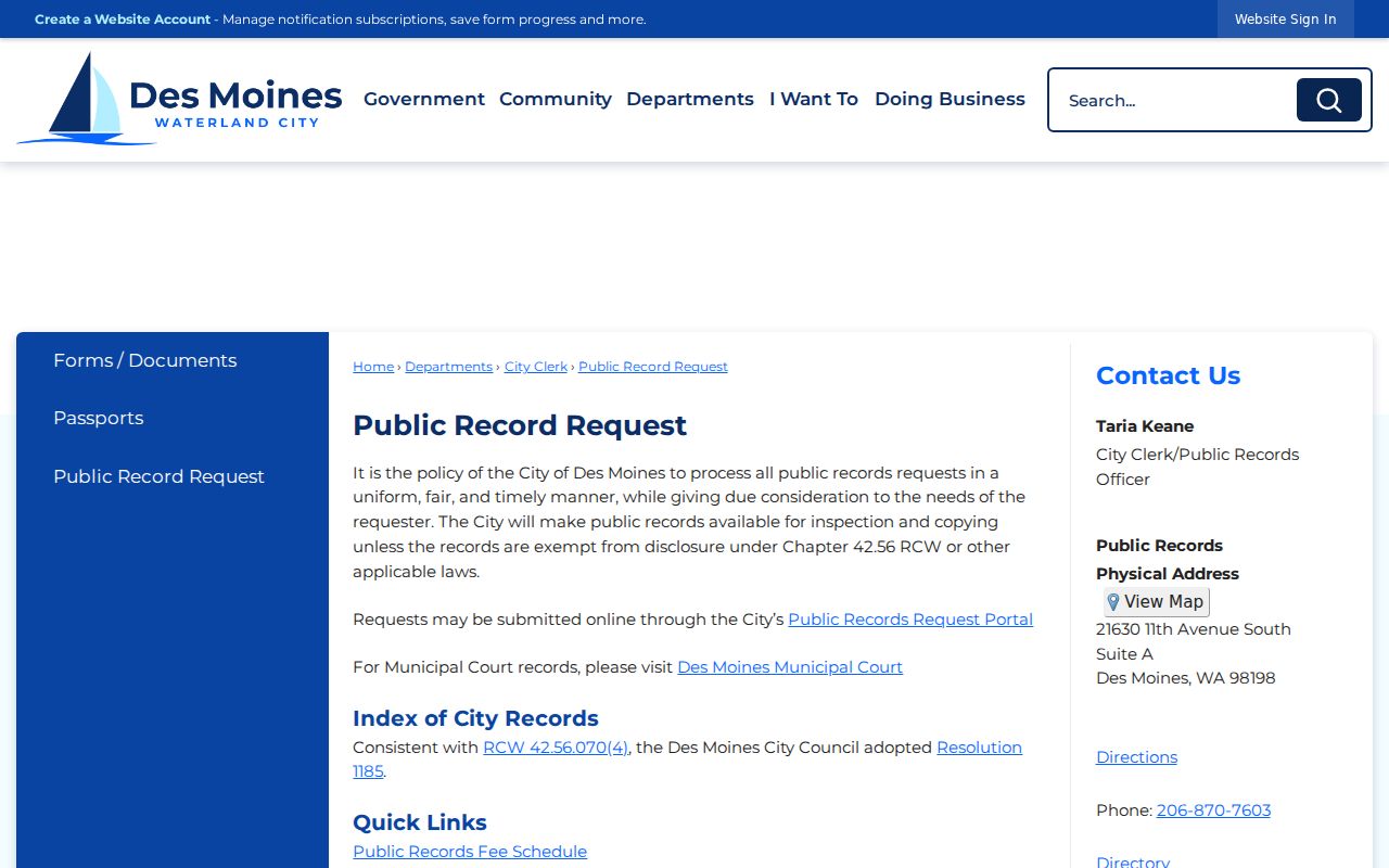 City of Des Moines Washington public record request page