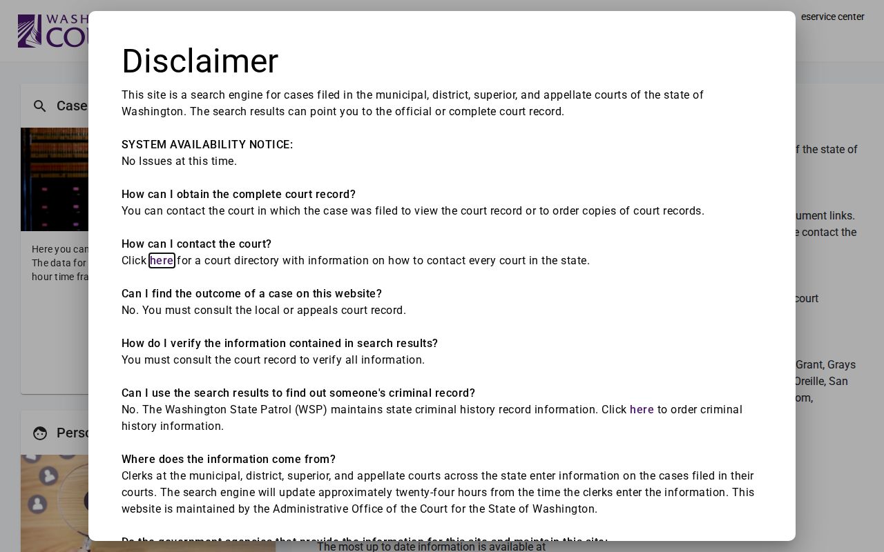 Des Moines resident lookup through Washington Courts Case Search