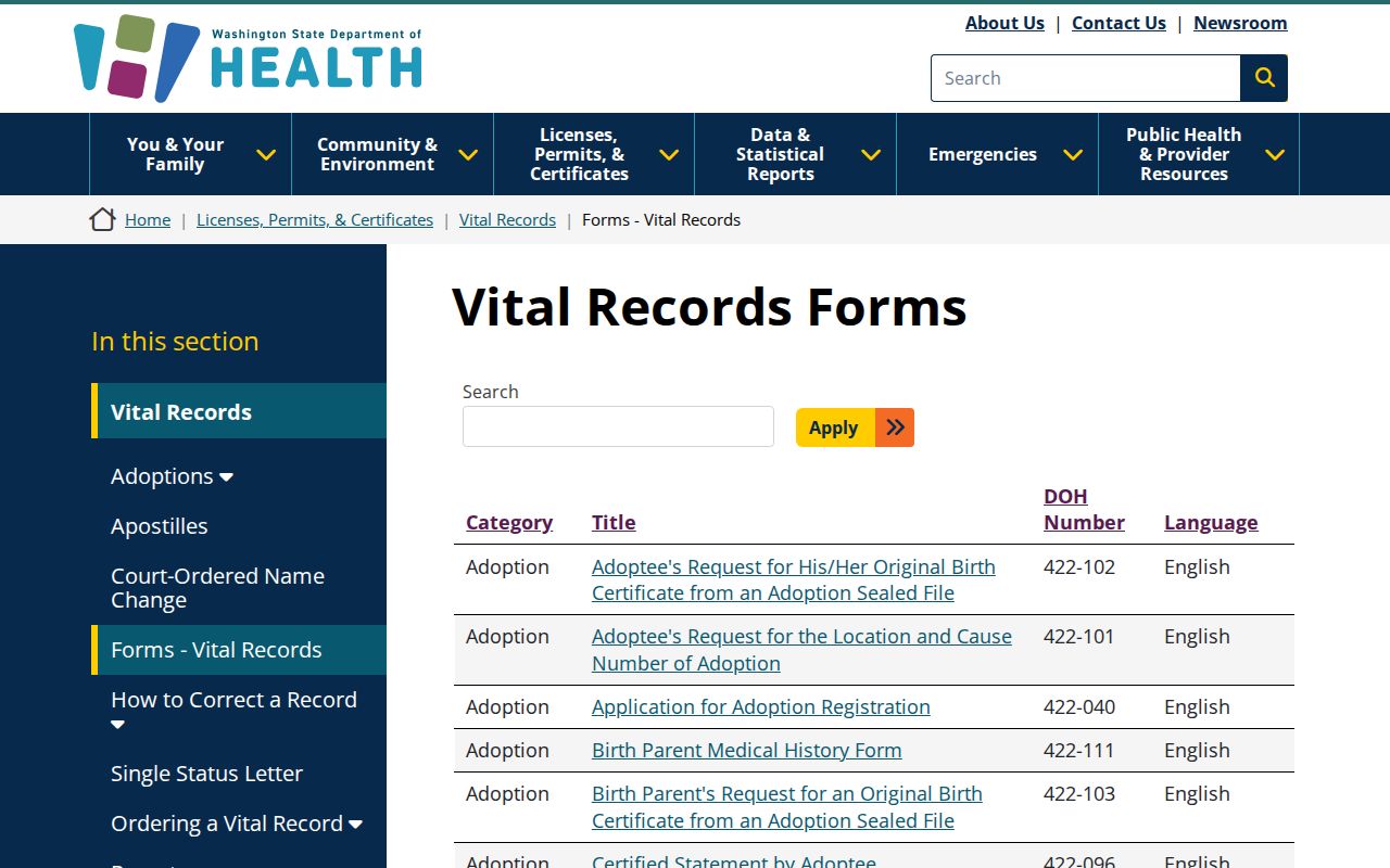 Des Moines resident lookup using Washington vital records forms